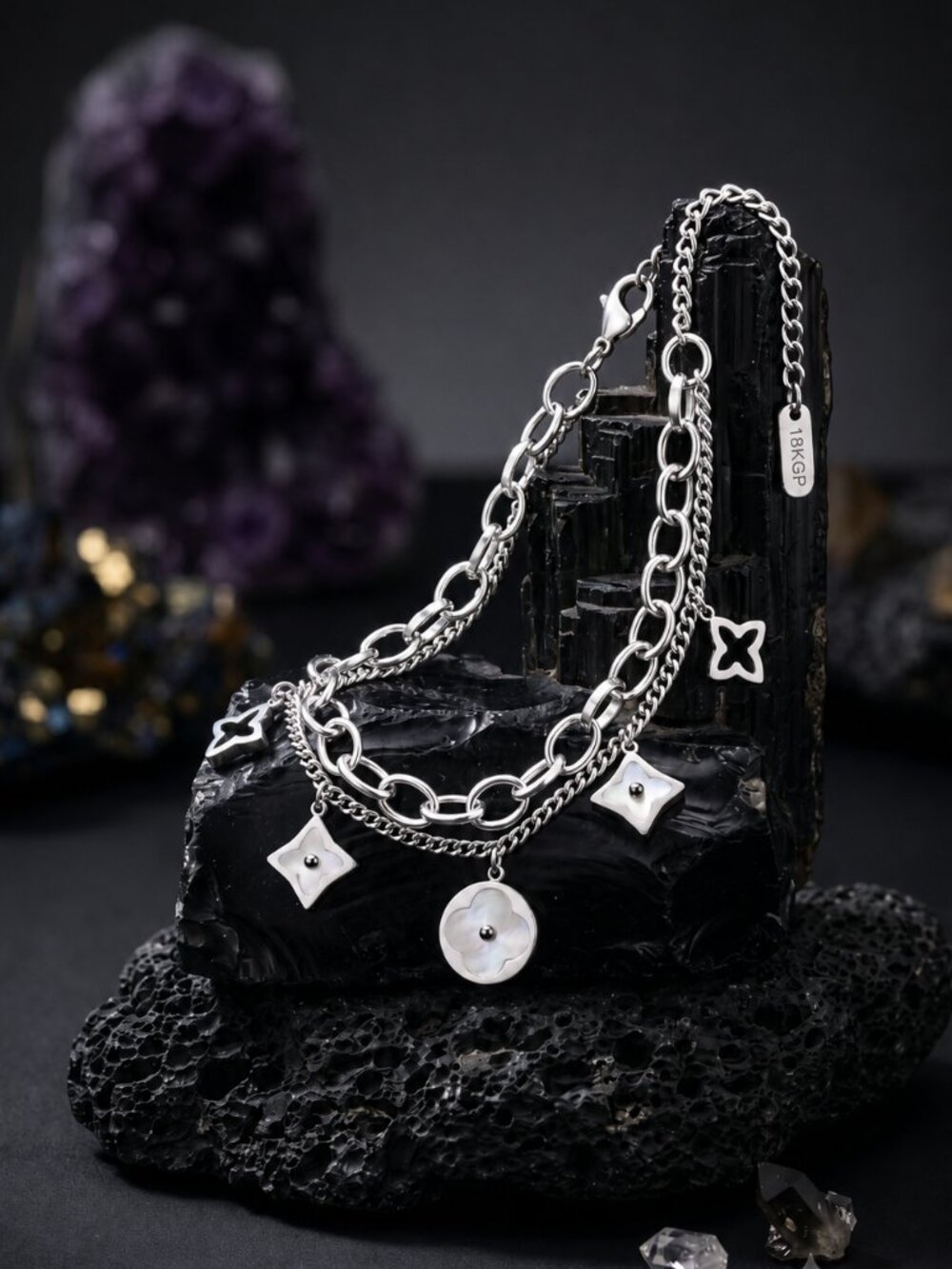 18K White Gold SS MOP Geometric Charm Bracelet Double Chain Quiet Luxury Adj - Picture 6 of 13